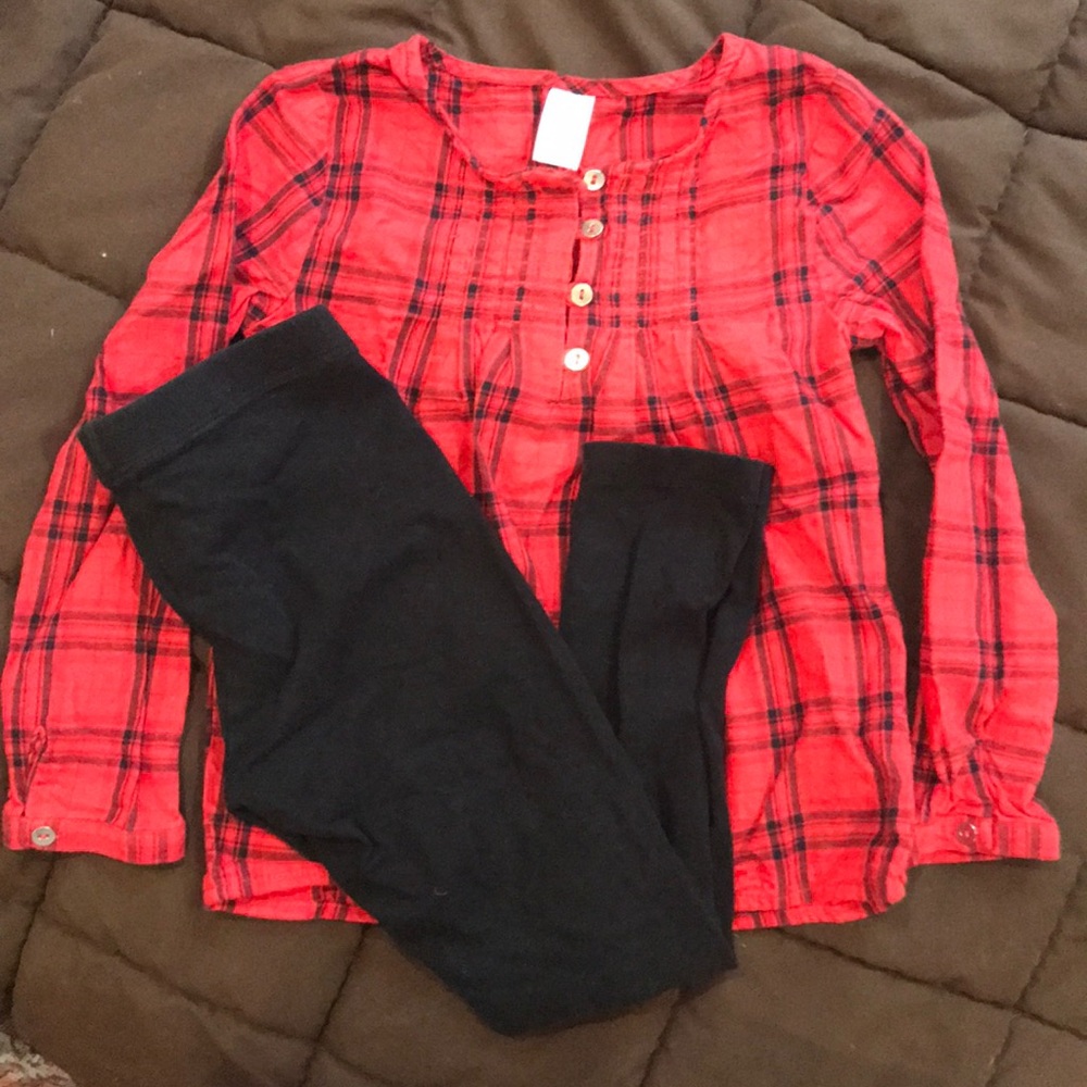 Red Plaid top and simple black legging outfit